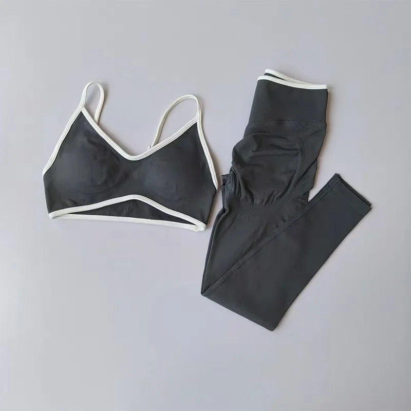 Strappy Contrast Yoga Fitness Suit | Shockproof Quick-Dry Nude Feel Set