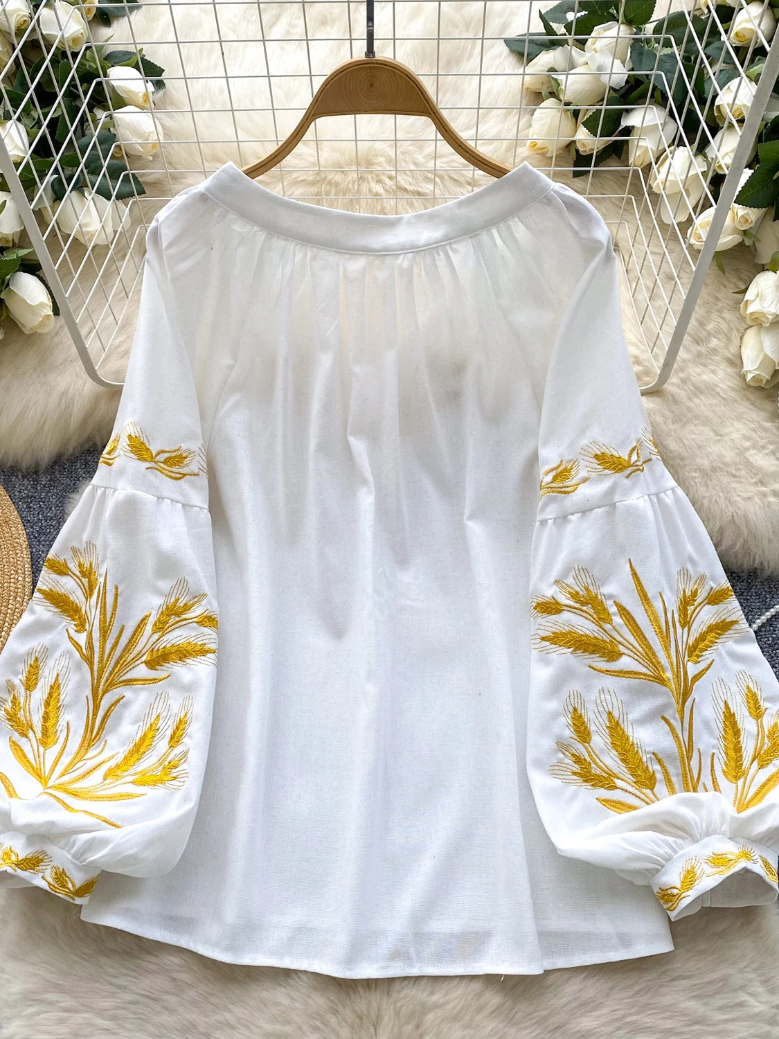 Embroidered Ethnic Lantern Sleeve Top | Retro Belted Boho Blouse