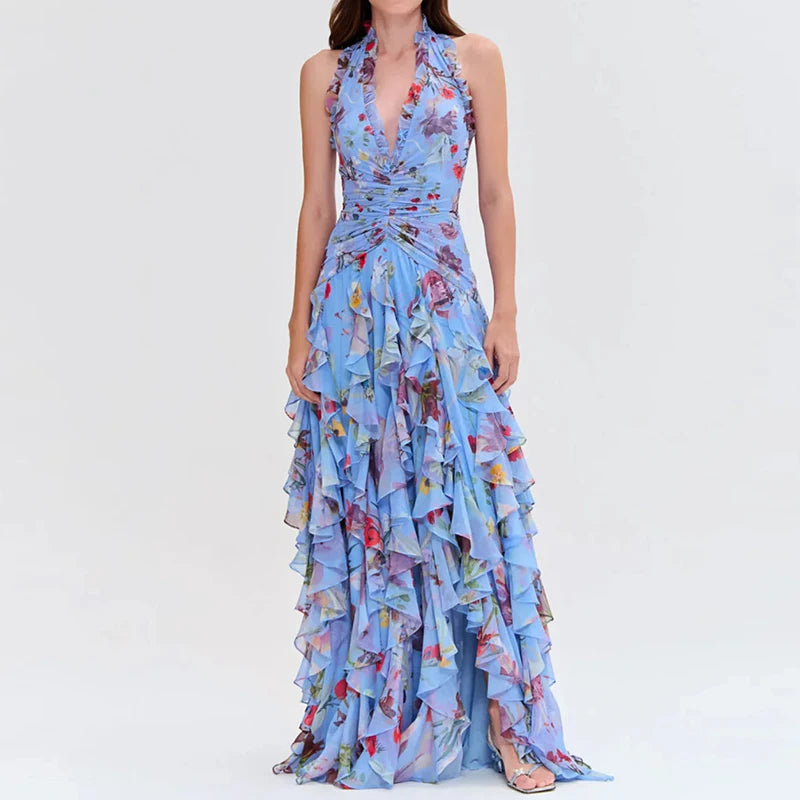 Deep V-Neck Halter Print Slim Party Maxi Dress