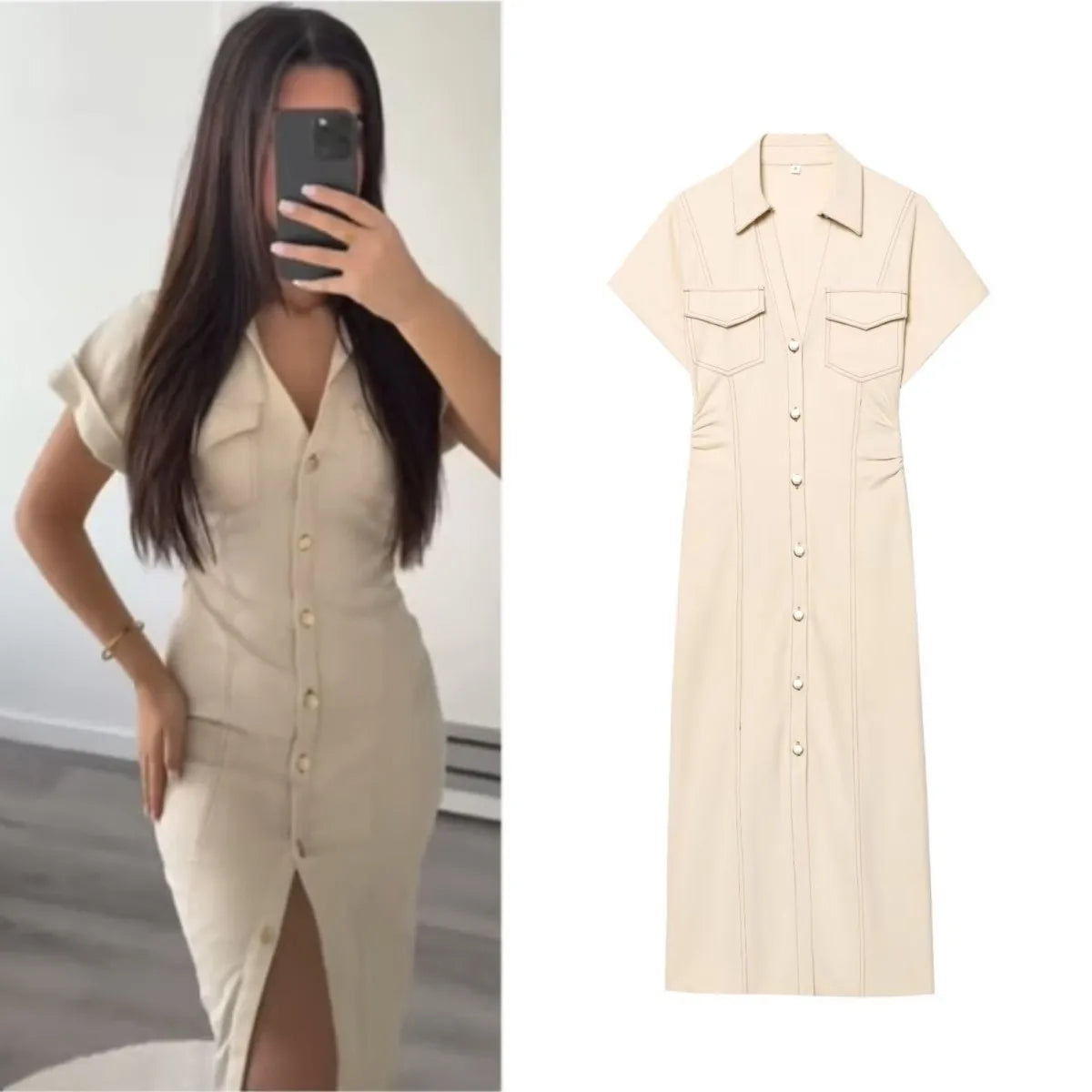 Lapel Collar Denim Midi Dress | Side Zipper Pencil Dress
