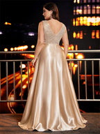 Plus Size Sequin Satin Evening Gown | Deep V-Neck Floor Length Formal Dress