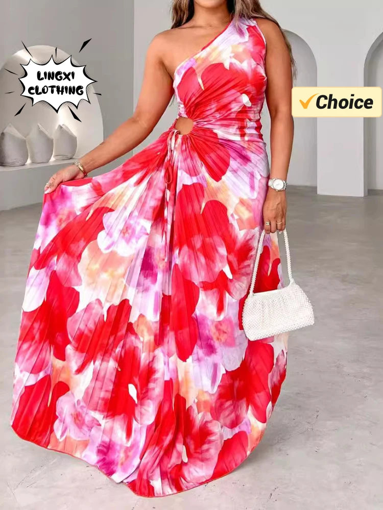 2024 Summer Fashion New Folded Banquet Elegant Dress with Oblique Shoulder Hollow Out Single Shoulder Sleeveless Style Dress