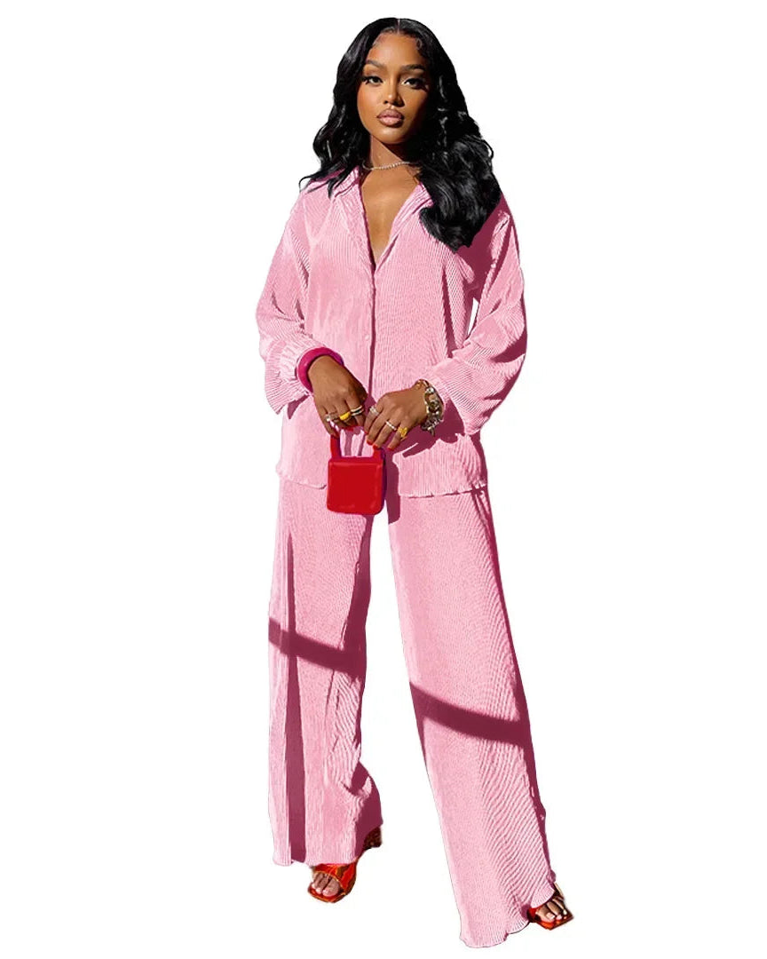 Long Sleeve Shirt & Wide Leg Pants Two-Piece Tracksuit