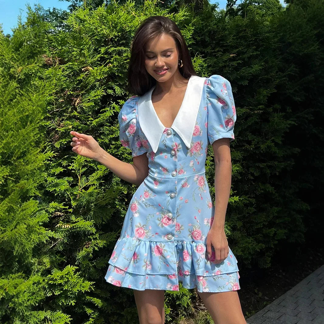 Puff Sleeve Pearl Ruffled Mini Dress | V-Neck A-Line Sweet Party Dress