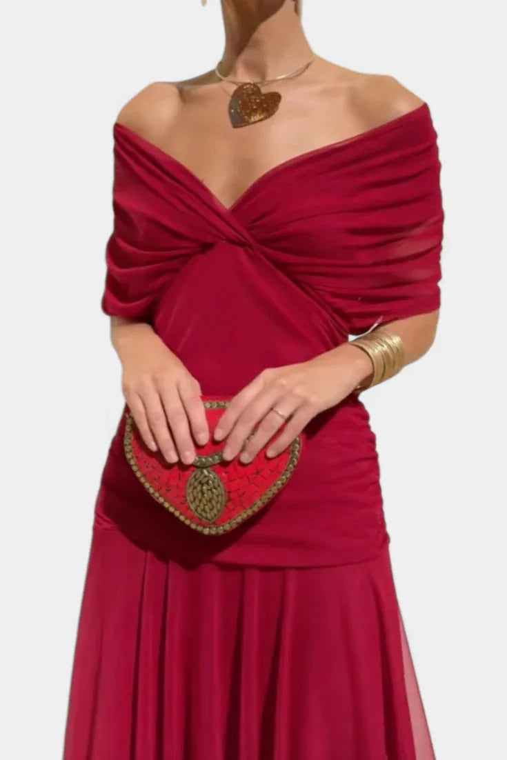 V-Neck Off Shoulder Mesh Print Elegant Midi Dress