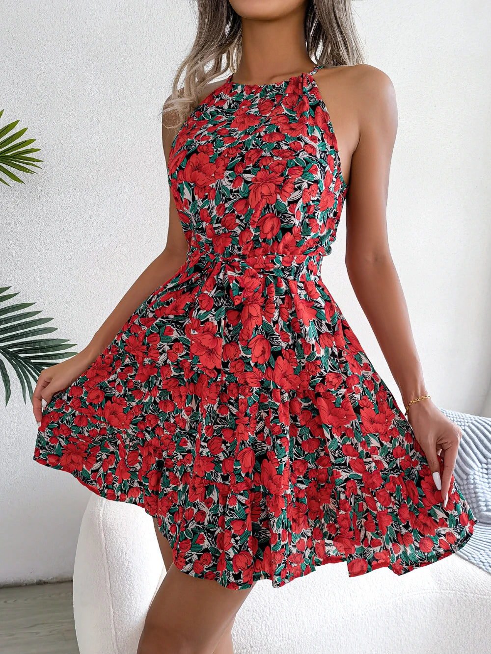 Floral Print Ruffle Halter Maxi Dress