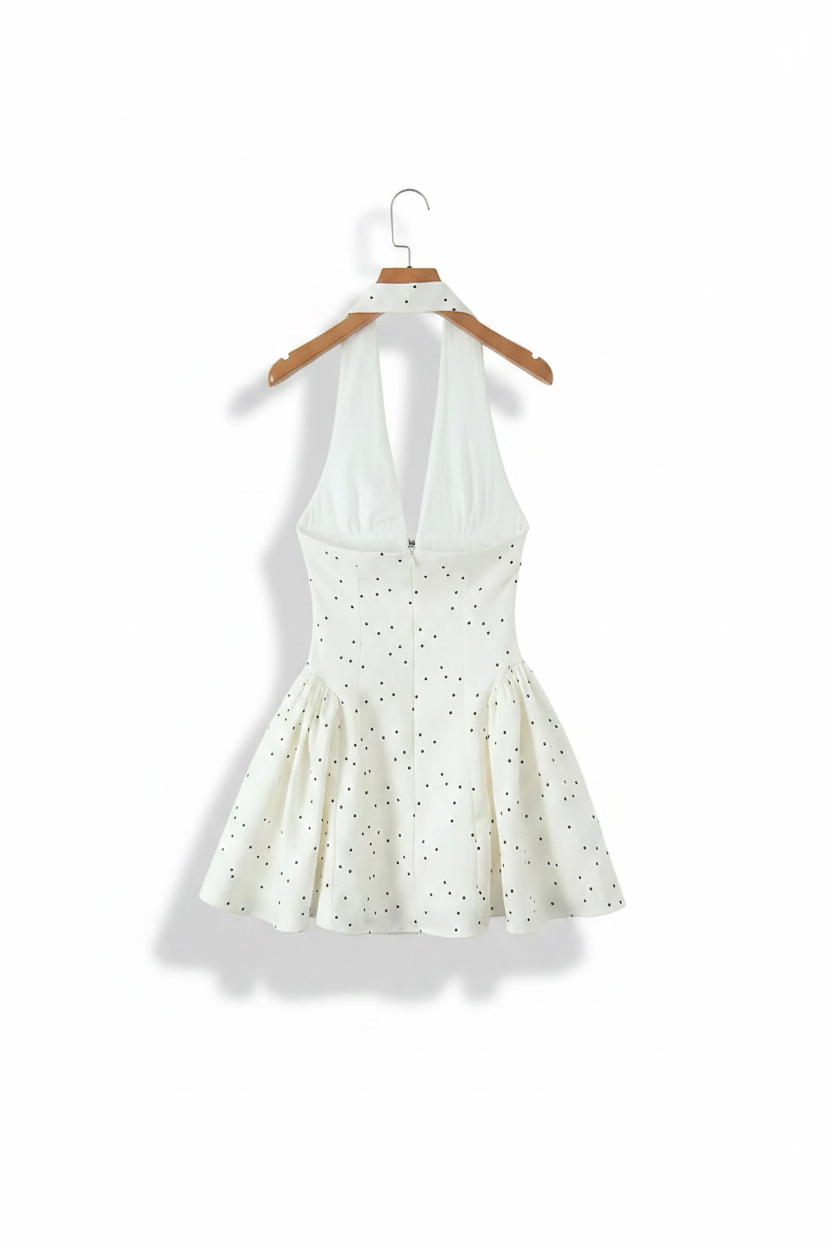 Polka Dot Backless Halter Mini Dress | High Waist V-Neck A-Line Dress