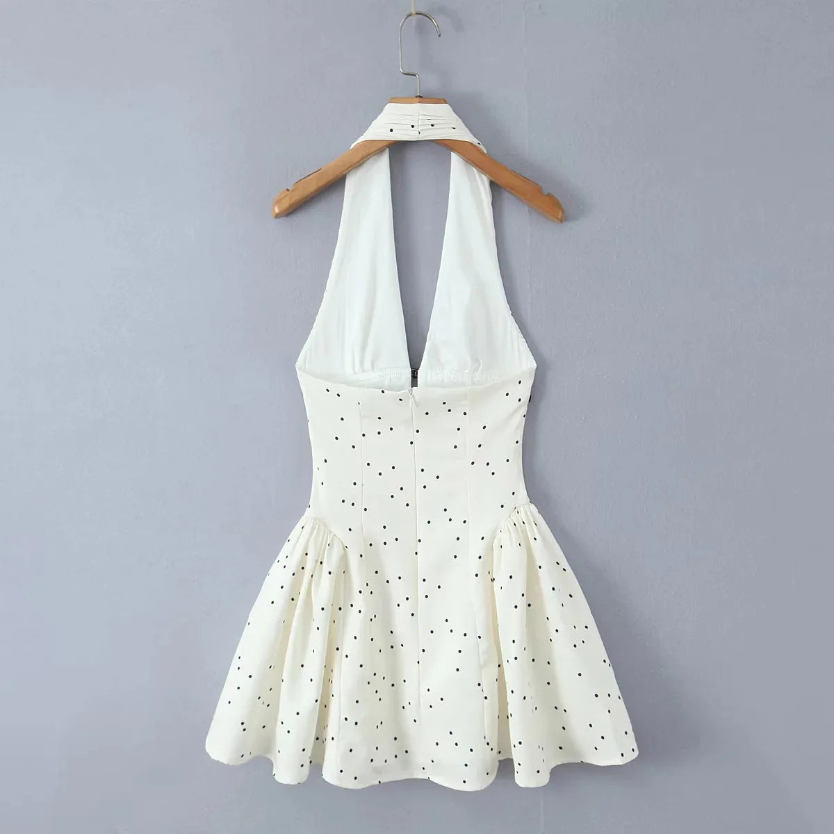 Polka Dot Backless Halter Mini Dress | High Waist V-Neck A-Line Dress