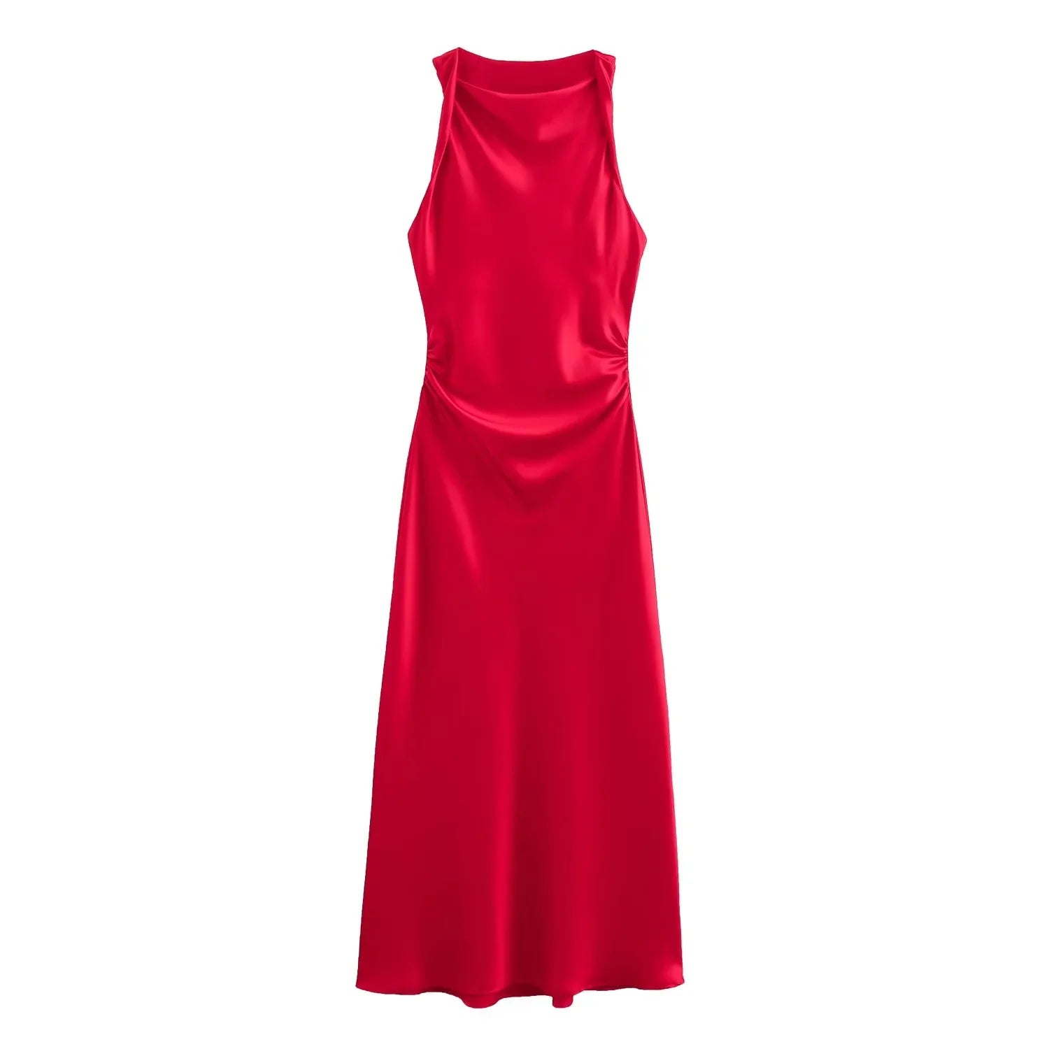 Halter Satin Slip Midi Dress | A-Line Sleeveless Summer Evening Dress
