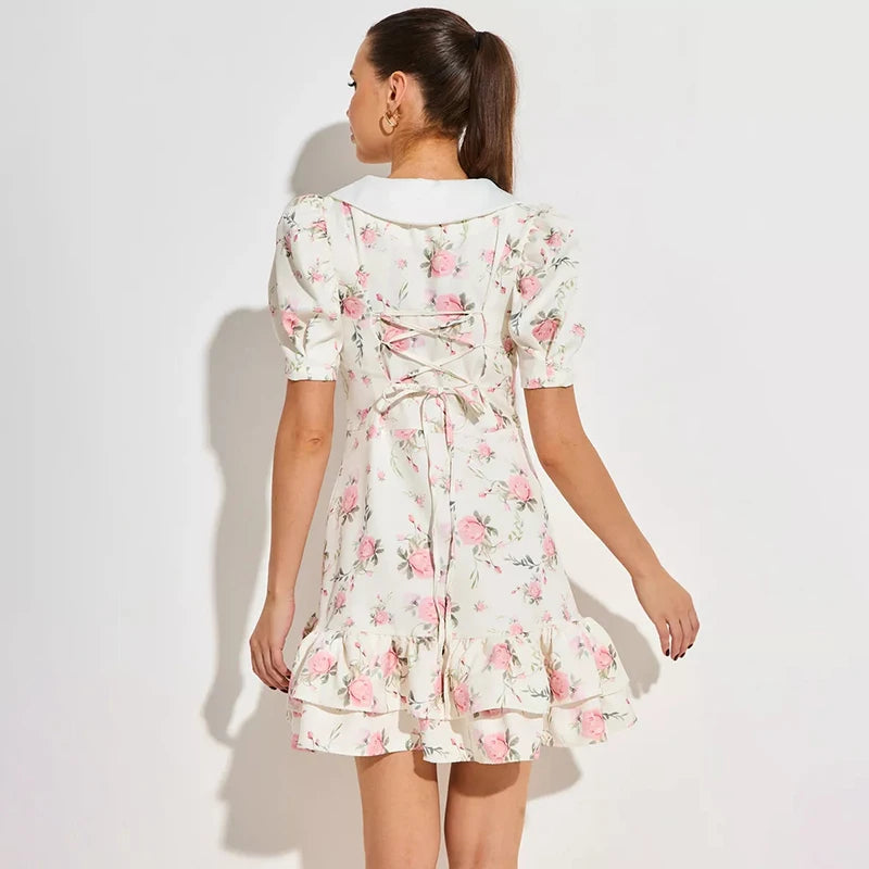 Puff Sleeve Pearl Ruffled Mini Dress | V-Neck A-Line Sweet Party Dress