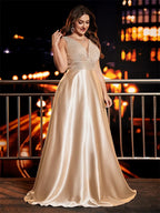 Plus Size Sequin Satin Evening Gown | Deep V-Neck Floor Length Formal Dress