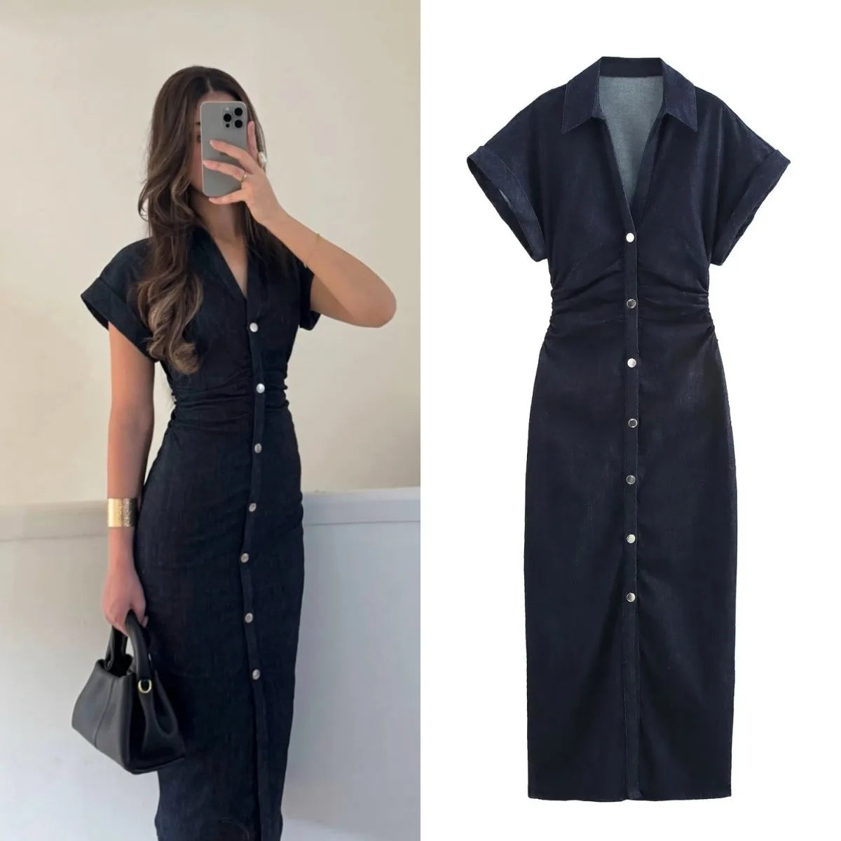 Lapel Collar Denim Midi Dress | Side Zipper Pencil Dress