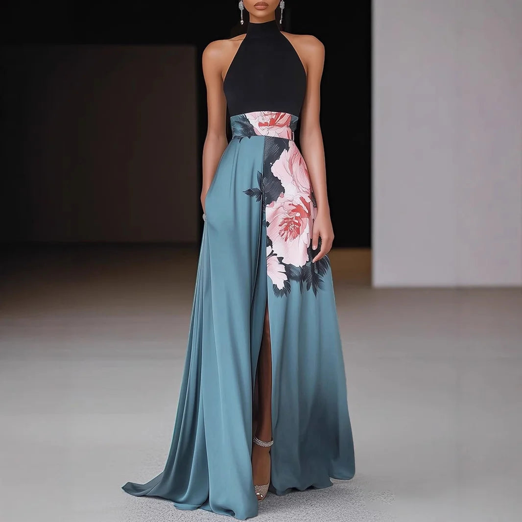 Flower Printed Split Backless Women Dresses Summer Sexy O Neck Sleeveless Robe Dress Elegant High Waist Hollow Boho A-Line Dress