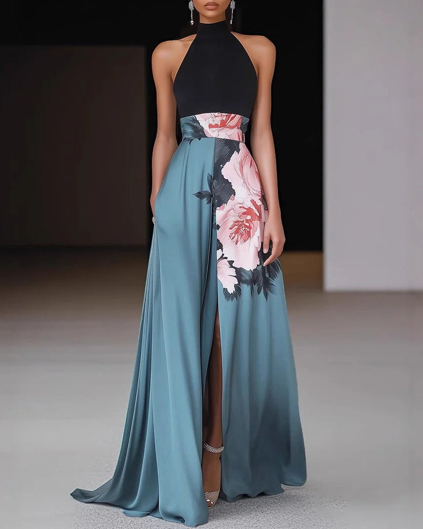 Floral Print Backless High Waist Boho A-Line Dress