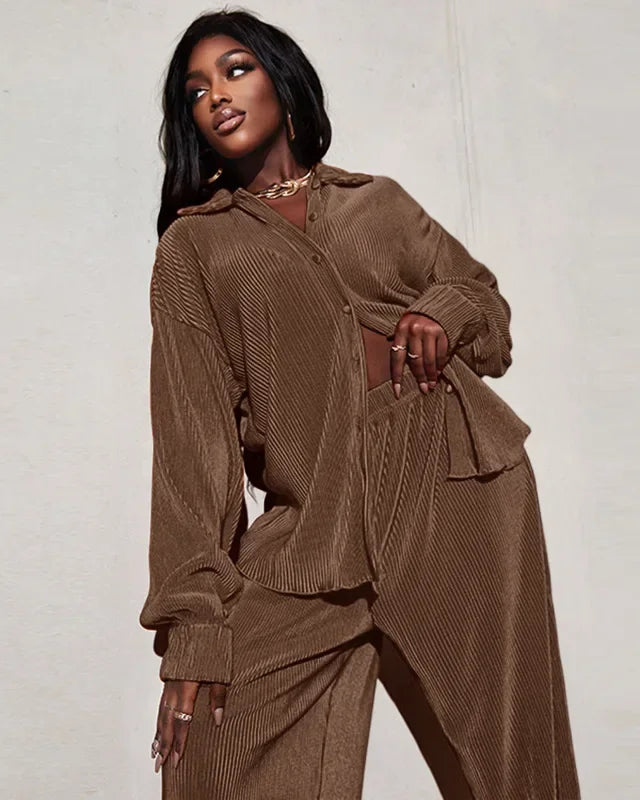 Long Sleeve Shirt & Wide Leg Pants Two-Piece Tracksuit