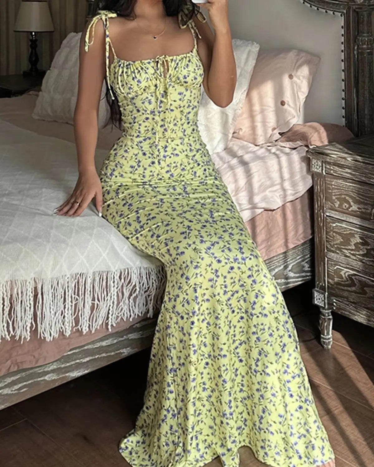 Women's Summer Floral Midi Dress – V-Neck Split
