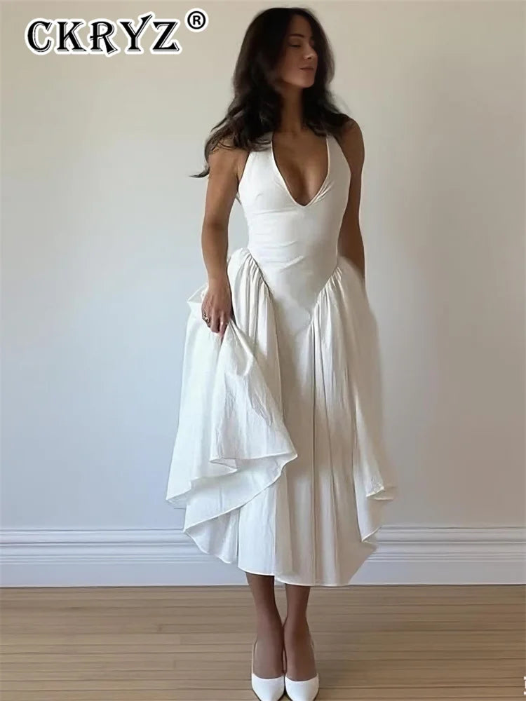 Backless V-Neck Long Dress - Sleeveless Party