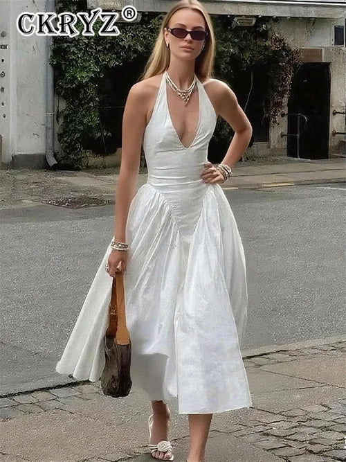 Backless V-Neck Maxi Dress | Sleeveless Sheath Party Gown