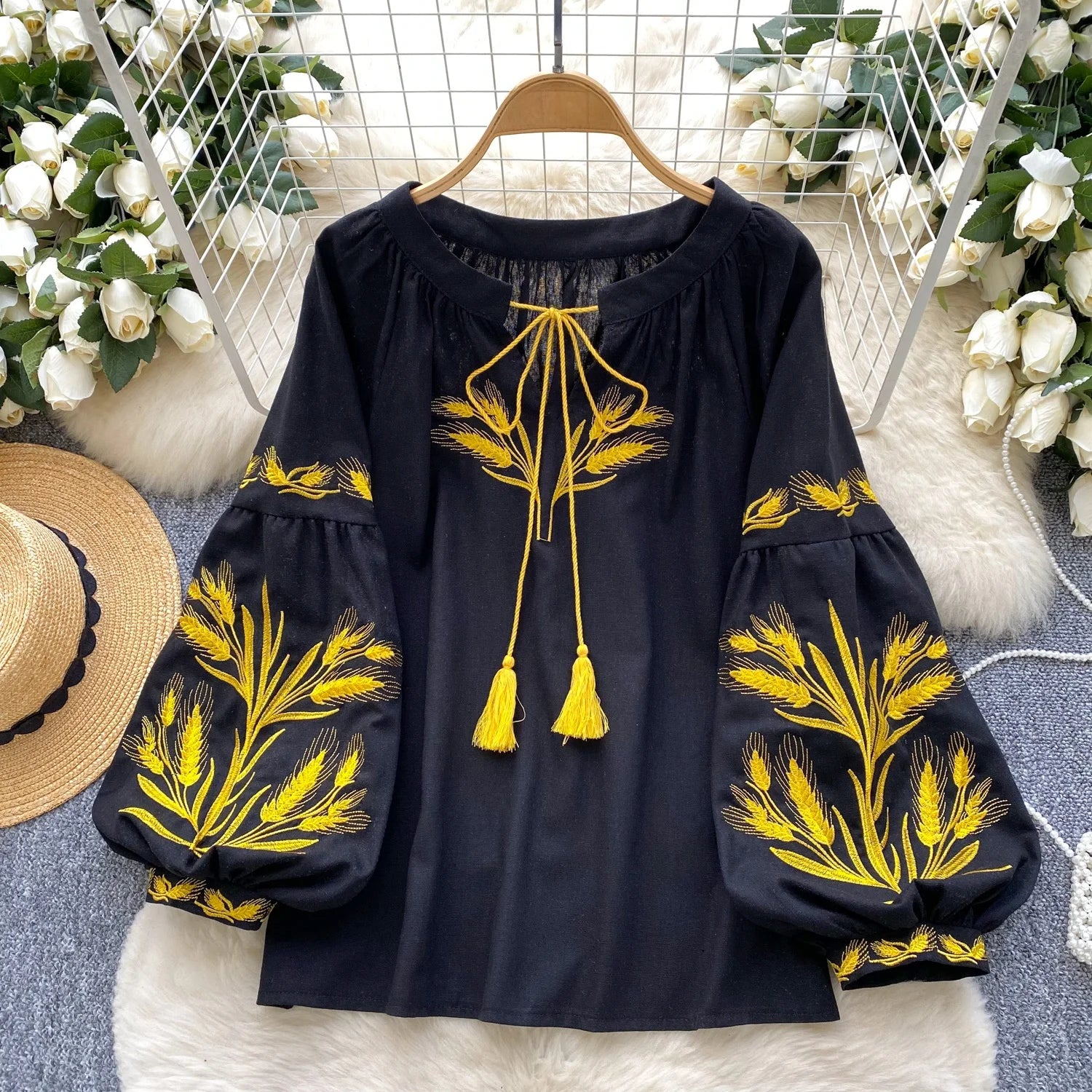 Embroidered Ethnic Lantern Sleeve Top | Retro Belted Boho Blouse
