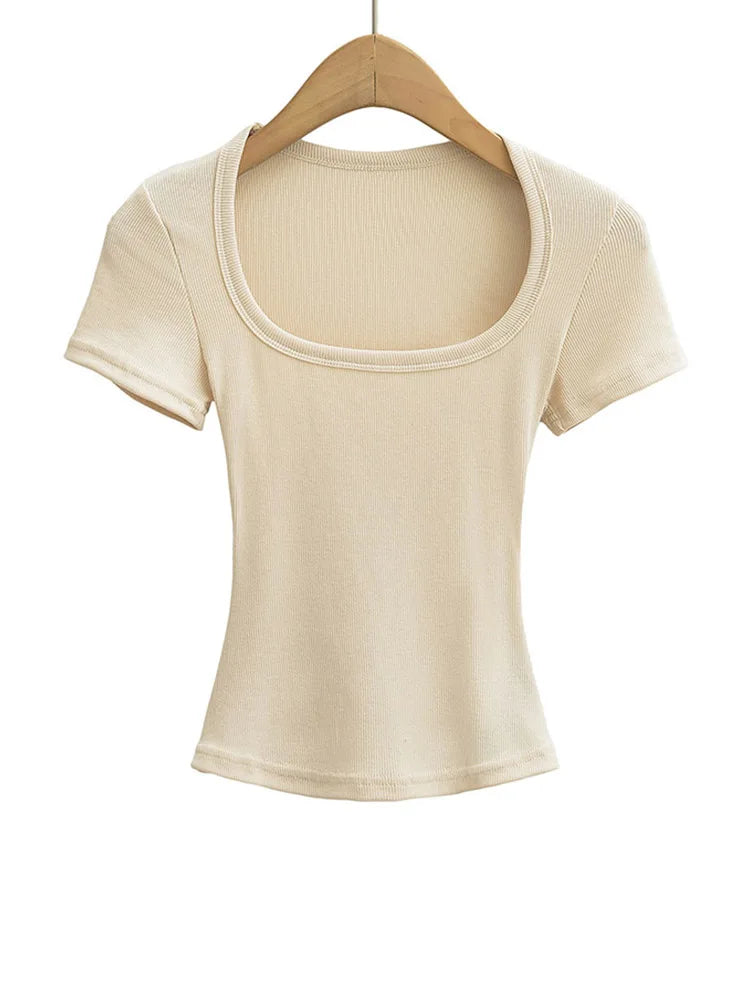 Square Neck Slim Fit Crop Top | High Stretch Short Sleeve Blouse