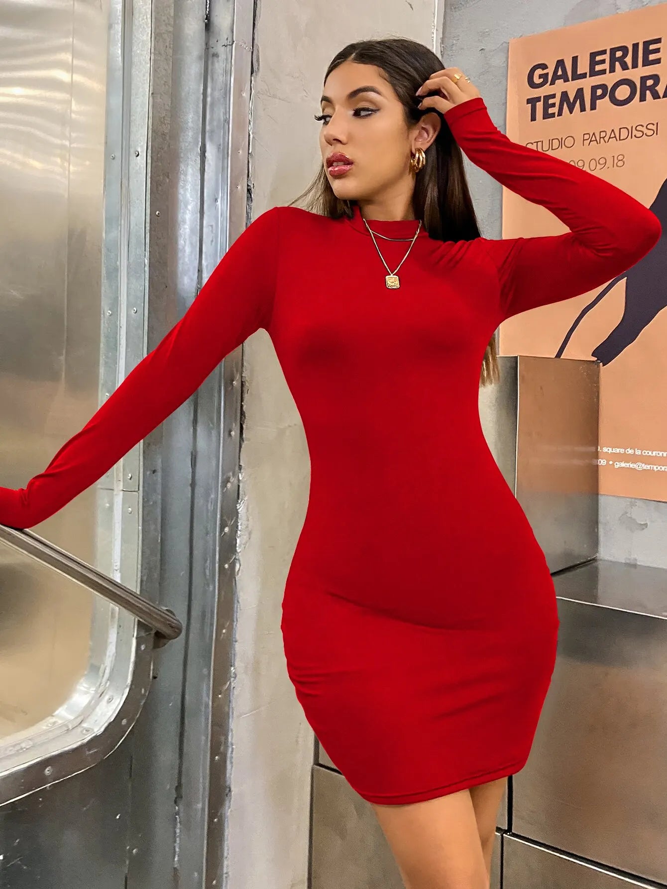 Turtleneck Ruched Bodycon Mini Dress | Long Sleeve Slim Evening Dress