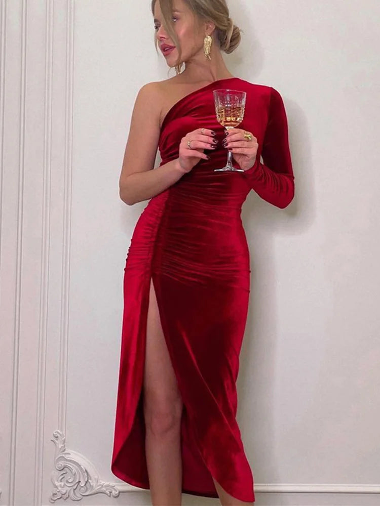 Long Sleeve Velvet Bodycon Midi Dress | Side Split Sheath High Street