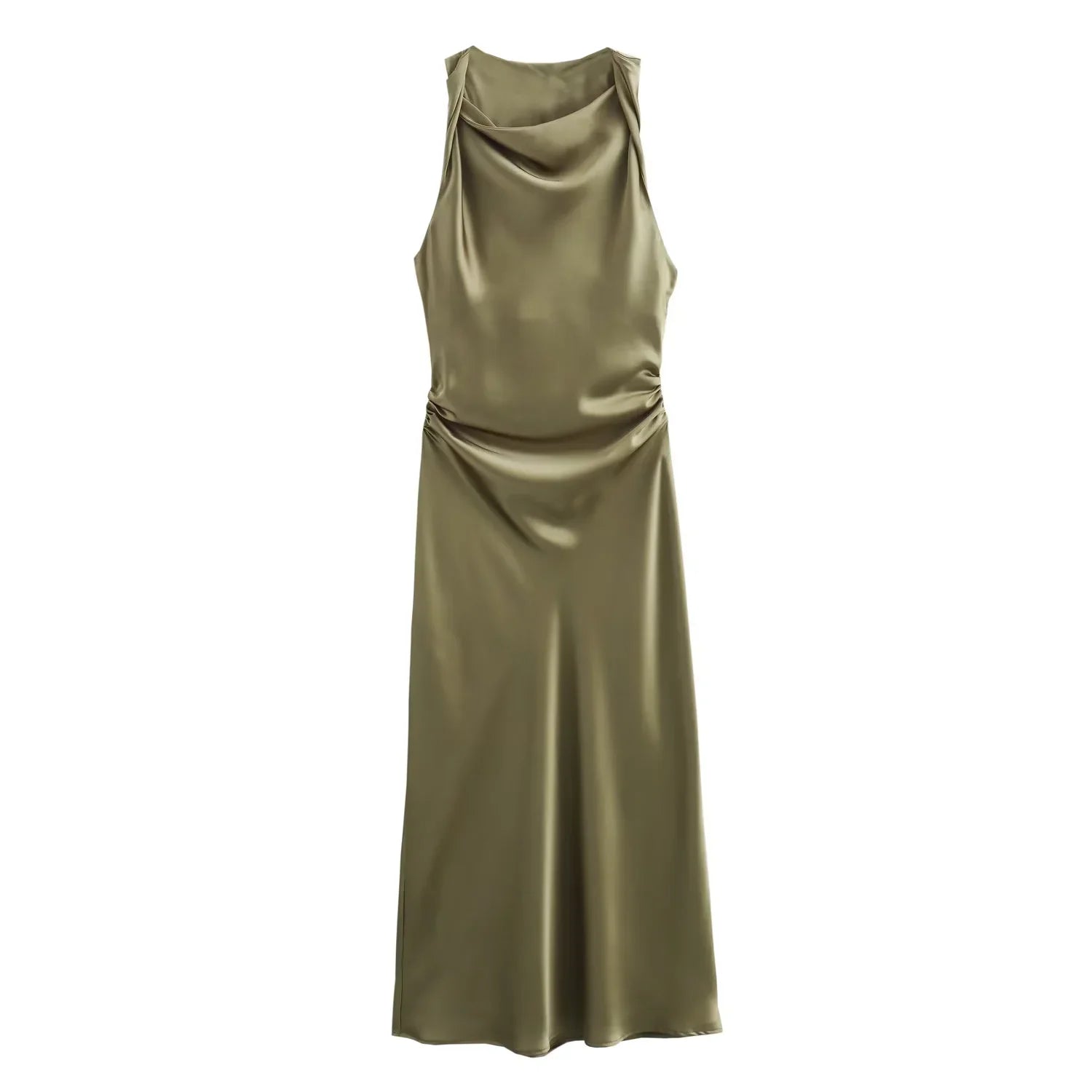 Halter Satin Slip Midi Dress | A-Line Sleeveless Summer Evening Dress
