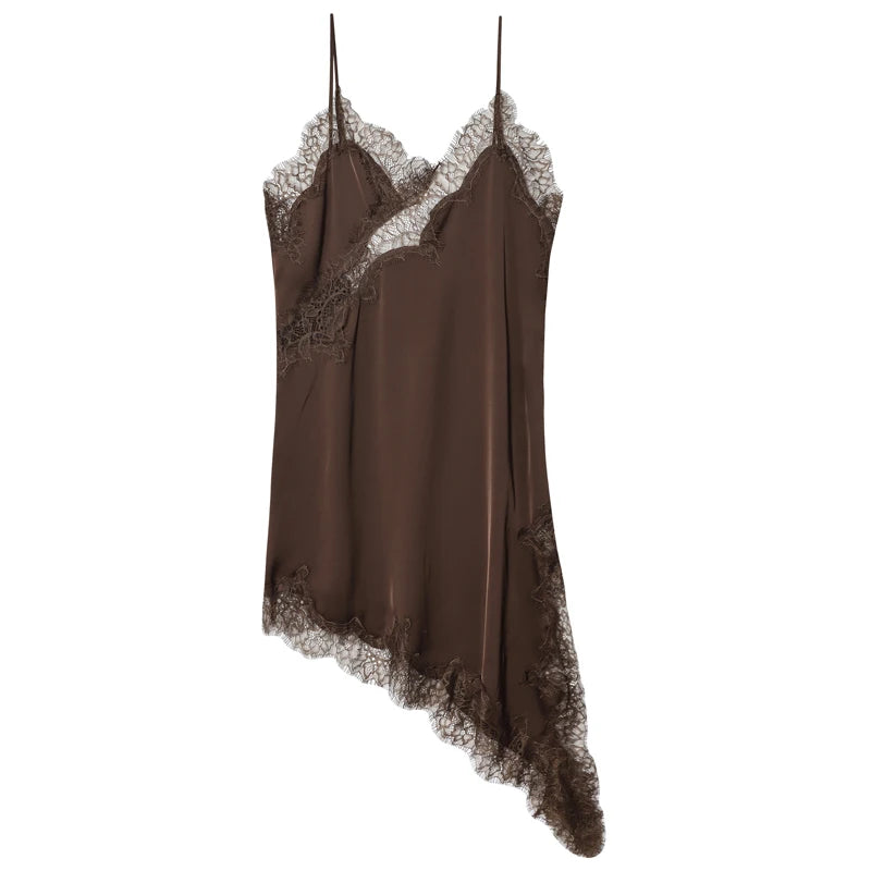 Lace Asymmetric Slip Dress | Backless V-Neck Spaghetti Strap Mini