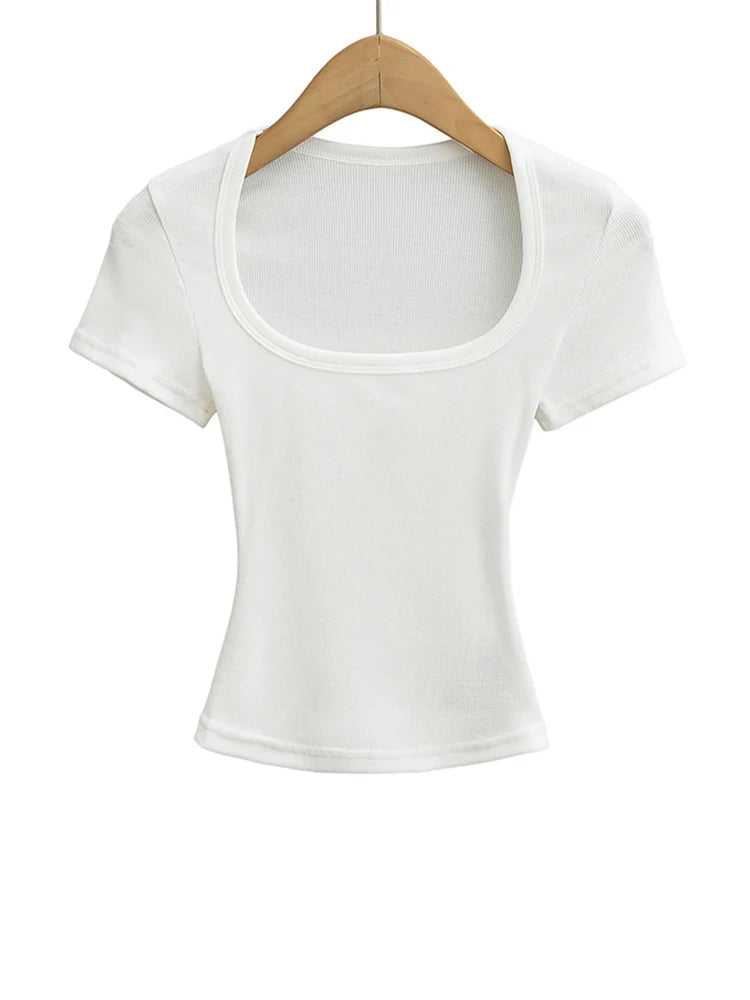 Square Neck Slim Fit Crop Top | High Stretch Short Sleeve Blouse