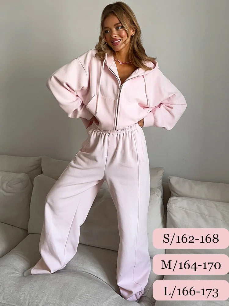 2-Piece Zipper Hoodie Tracksuit Set | Loose Wide Leg Casual Loungewear