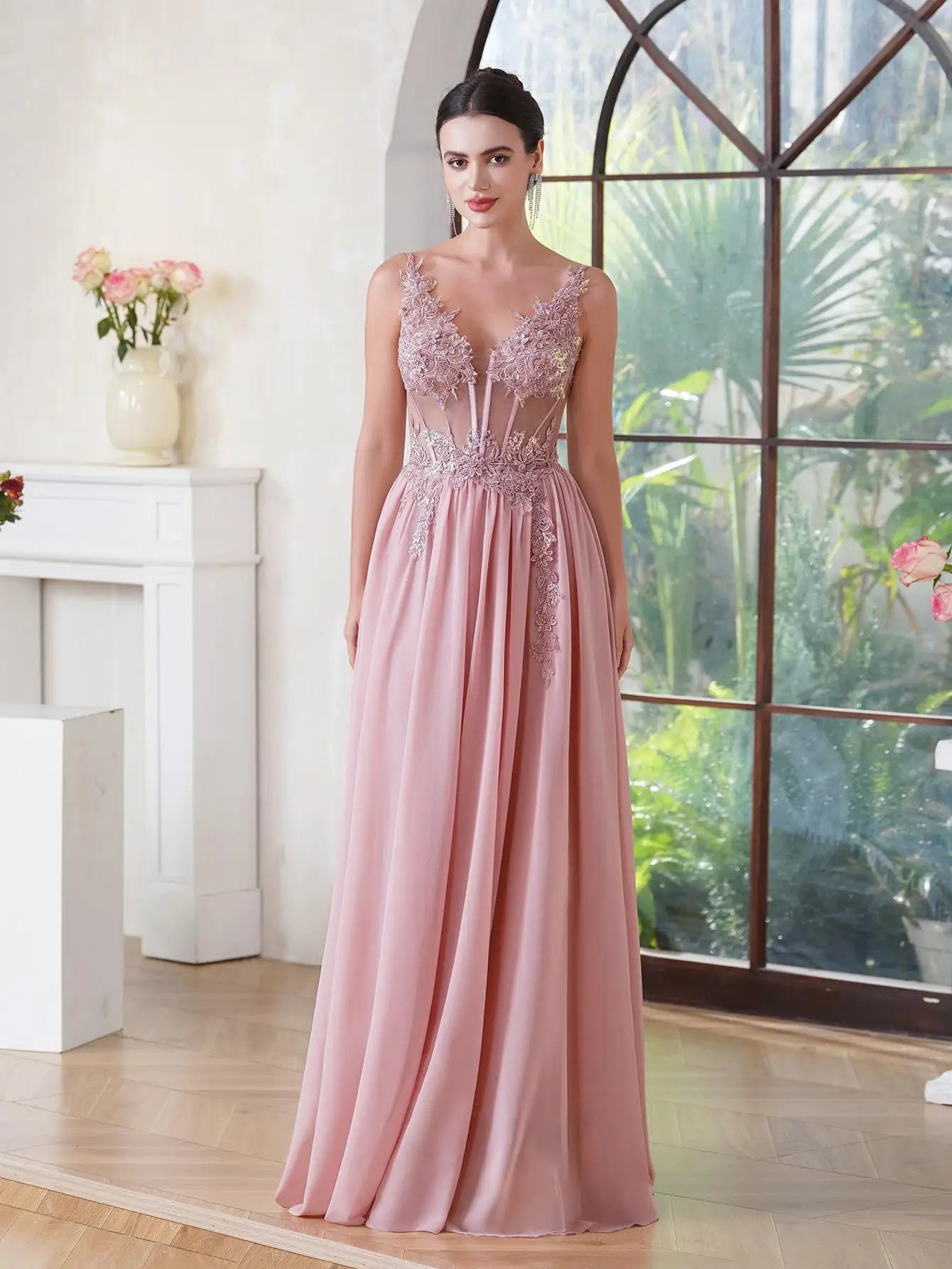 Beaded Applique A-Line Prom Gown | Spaghetti Strap Formal Evening Dress