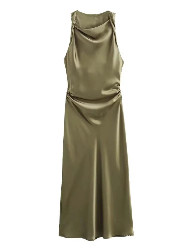 Halter Satin Slip Midi Dress | A-Line Sleeveless Summer Evening Dress