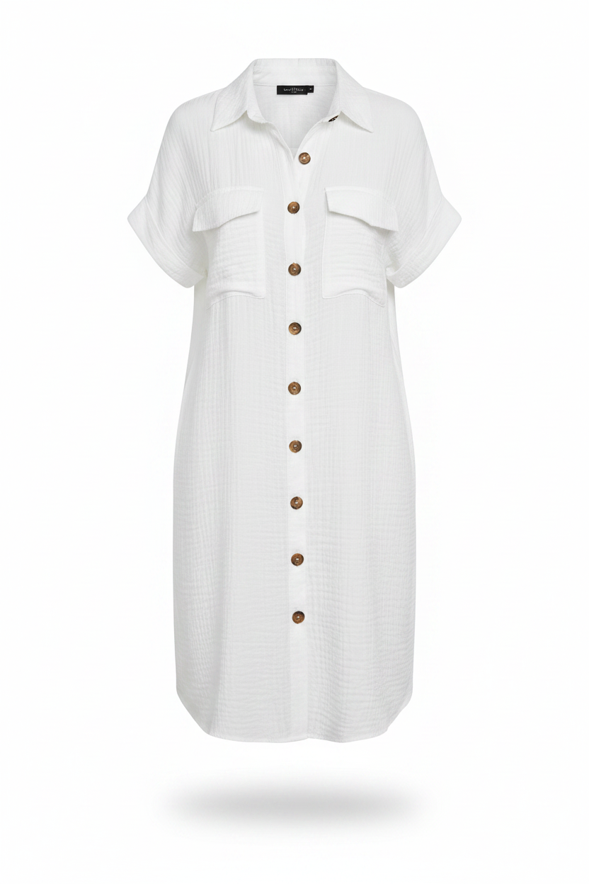 V-Neck Cotton Linen Mini Dress | Loose Casual Knee-Length with Pockets