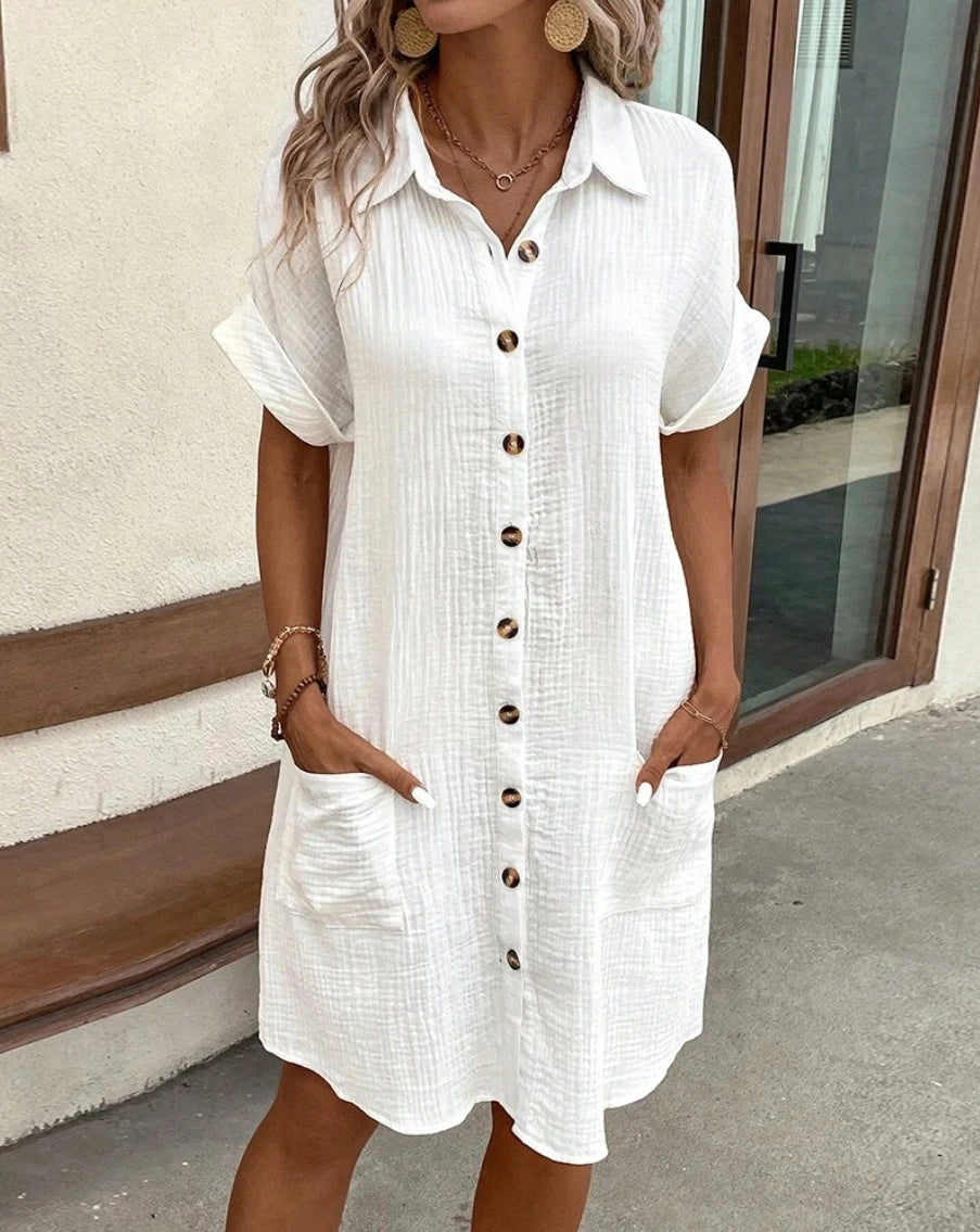 V-Neck Cotton Linen Mini Dress | Loose Casual Knee-Length with Pockets