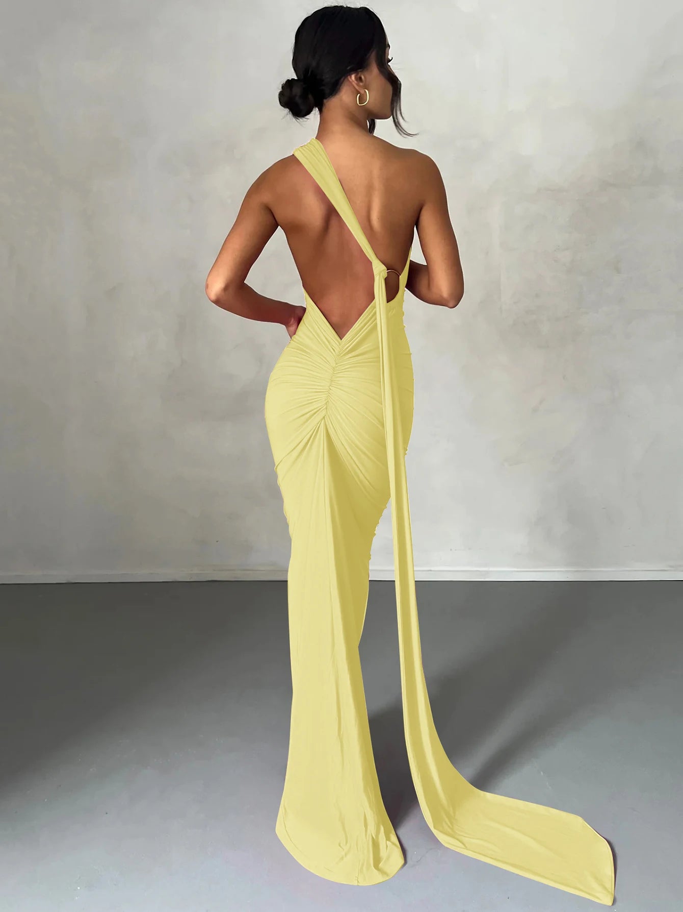 One-Shoulder Ruched Maxi Dress | Backless Scarf Loop Y2K Festival Gown