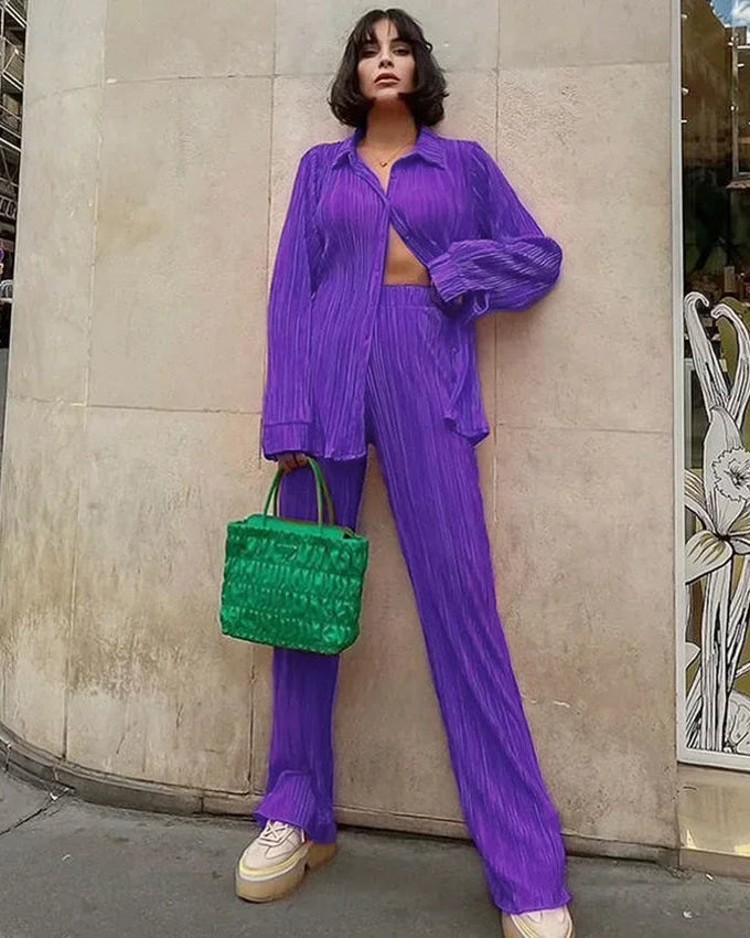 Long Sleeve Shirt & Wide Leg Pants Two-Piece Tracksuit