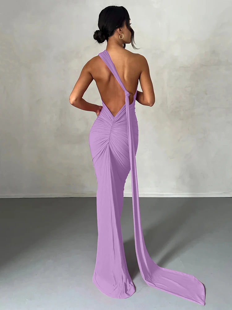 One-Shoulder Ruched Maxi Dress | Backless Scarf Loop Y2K Festival Gown