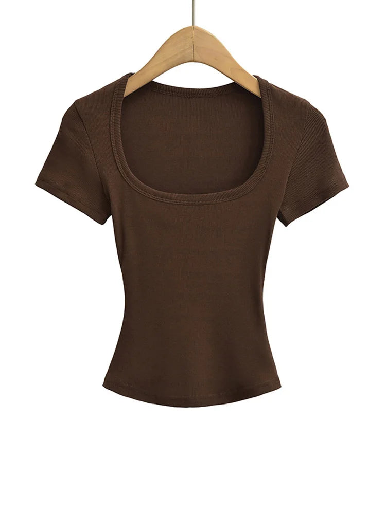 Square Neck Slim Fit Crop Top | High Stretch Short Sleeve Blouse