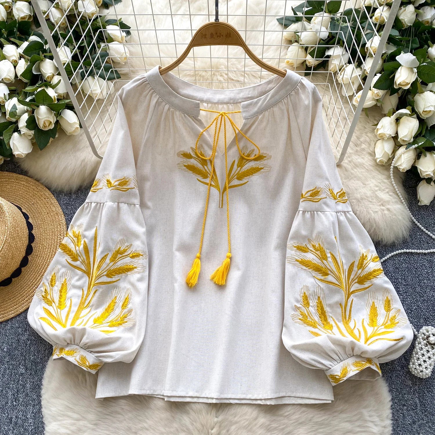 Embroidered Ethnic Lantern Sleeve Top | Retro Belted Boho Blouse
