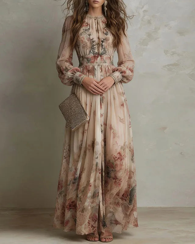 Women's Vintage Floral Print High Waist Pleated Maxi Dress
