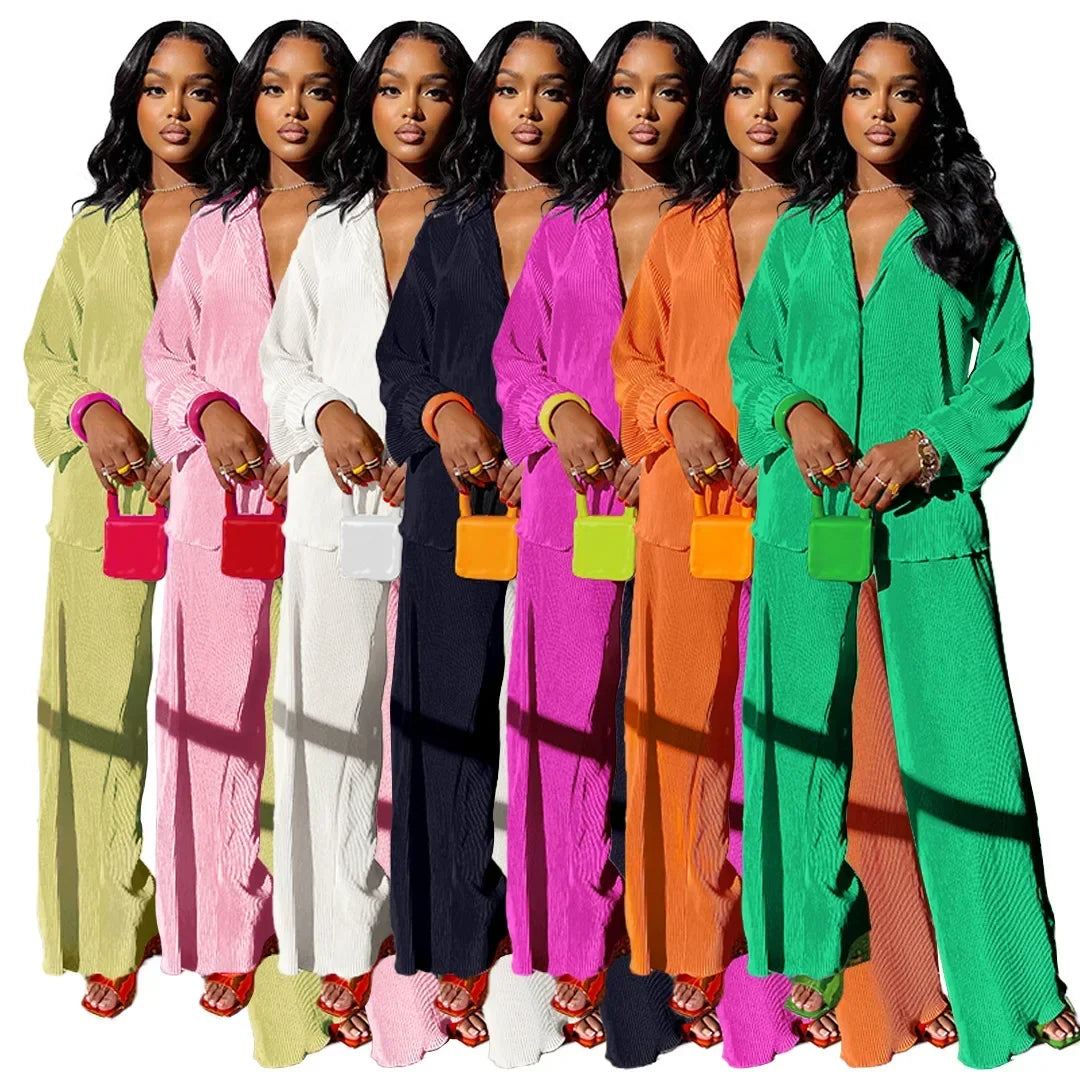 Long Sleeve Shirt & Wide Leg Pants Two-Piece Tracksuit