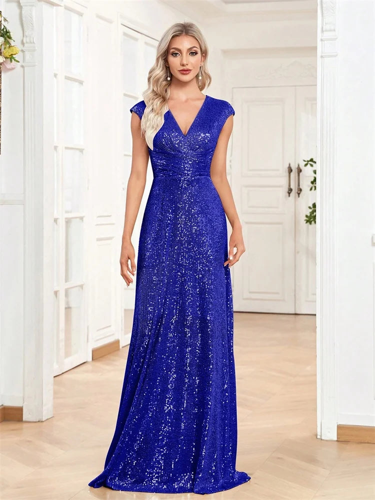 Sequin Mermaid Evening Gown | V-Neck Floor Length Formal Prom Dress