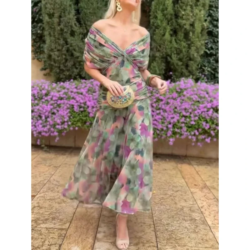 Elegant French Style Mesh Printed Midi Dress Sexy V Neck Spliced Off Shoulder Dresses For Vacation Casual Party Evening Wedding