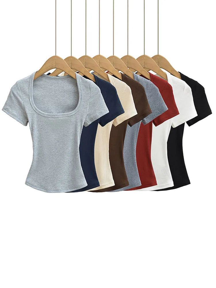 Square Neck Slim Fit Crop Top | High Stretch Short Sleeve Blouse