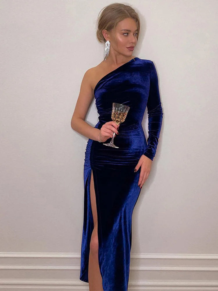 Long Sleeve Velvet Bodycon Midi Dress | Side Split Sheath High Street