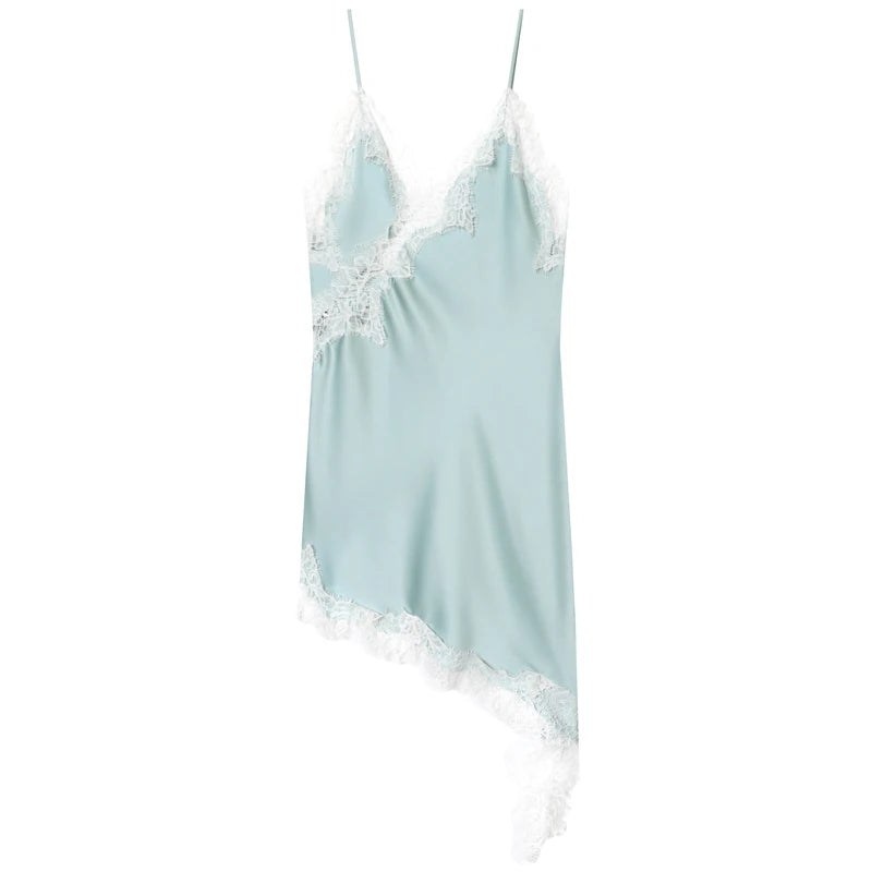 Lace Asymmetric Slip Dress | Backless V-Neck Spaghetti Strap Mini
