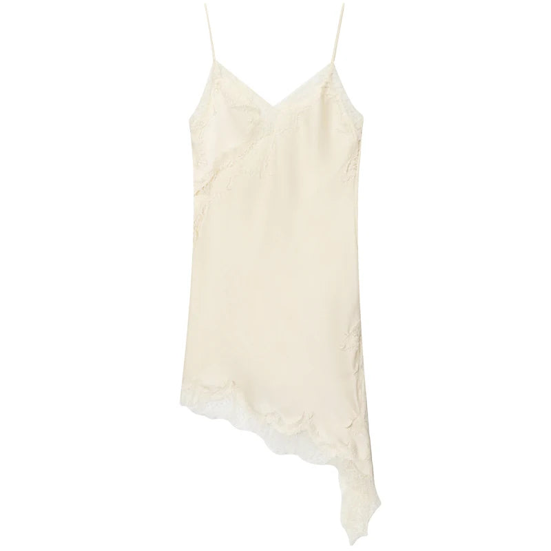 Lace Asymmetric Slip Dress | Backless V-Neck Spaghetti Strap Mini