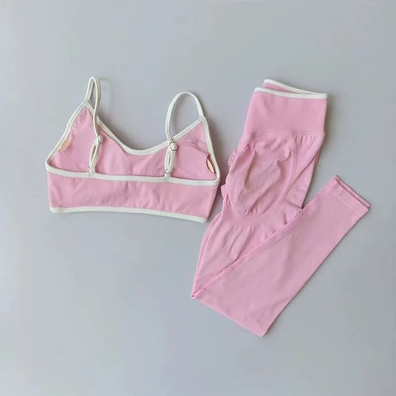 Strappy Contrast Yoga Fitness Suit | Shockproof Quick-Dry Nude Feel Set