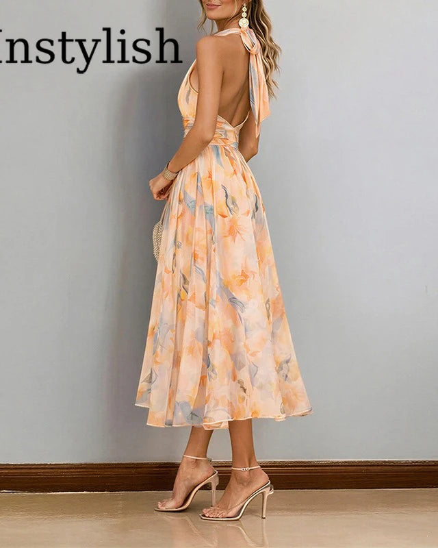 Floral Halter Neck Backless Long Beach Dress