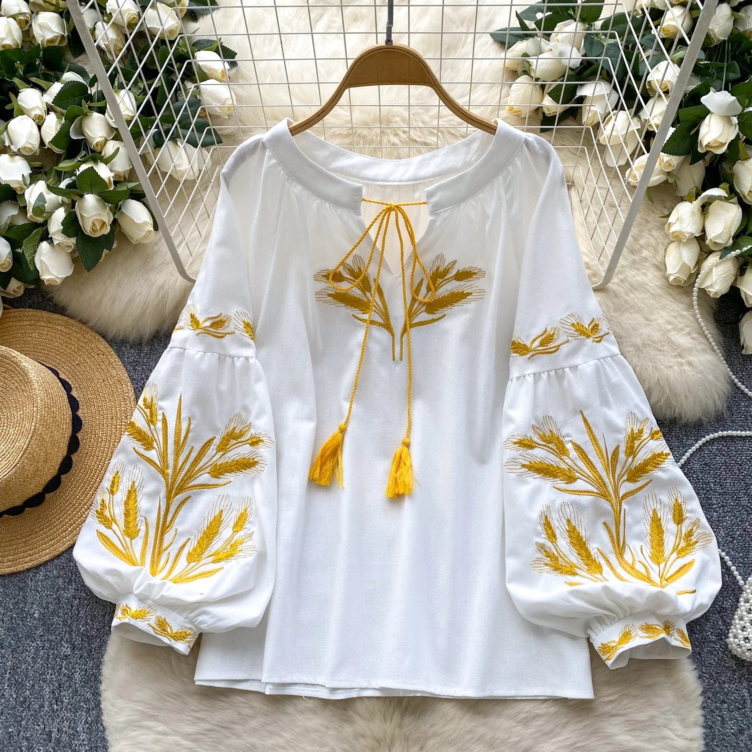 Embroidered Ethnic Lantern Sleeve Top | Retro Belted Boho Blouse